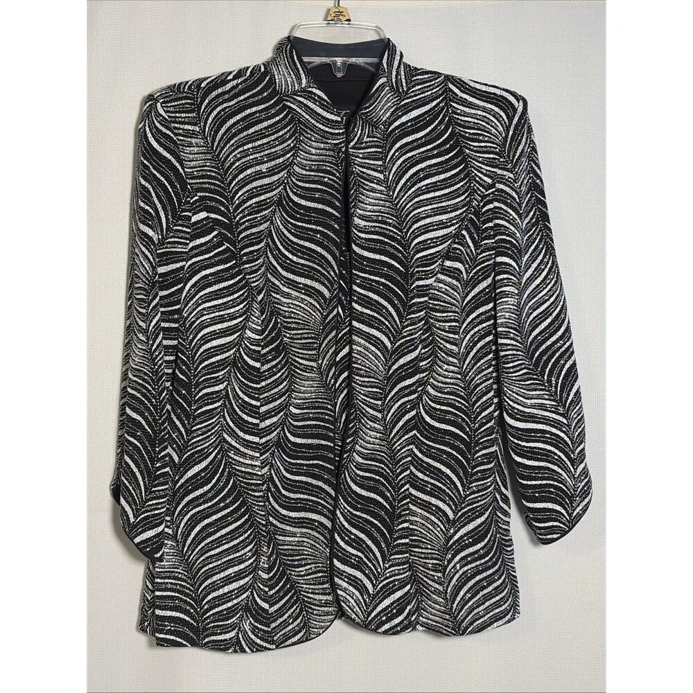 Alex Evenings Women’s Med 2 Piece Tank Jacket Set Black White Silver Glitter EUC